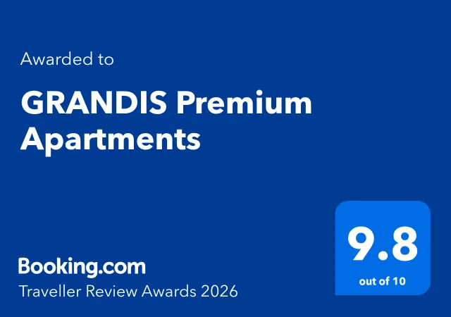 Booking.com Traveller Review Awards 2026 – a GRANDIS Premium Apartments díja, 9,8 pont a 10-ből